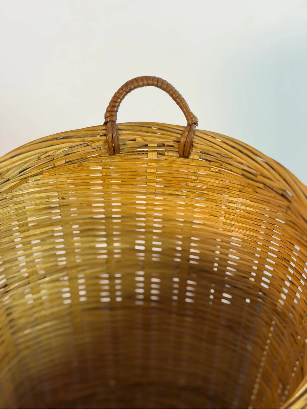 Vintage Hanging Tortoise Shell Woven Bamboo Basket Vintage 10x7in Boho Decor